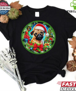Christmas Cheer with a Pug Santa Hat pup in a Festive Wonderland shirt