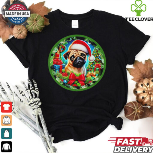 Christmas Cheer with a Pug Santa Hat pup in a Festive Wonderland shirt