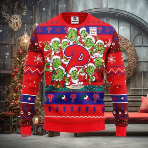 Christmas Gift MLB Philadelphia Phillies Cute 12 Grinch Face Xmas Day Men And Women Ugly Christmas Sweater