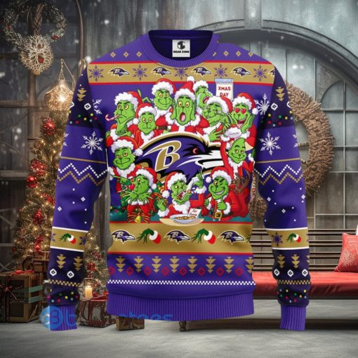 Christmas Gift NFL Baltimore Ravens Cute 12 Grinch Face Xmas Day 3D Ugly Christmas Sweater