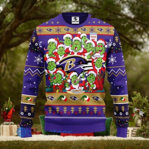 Christmas Gift NFL Baltimore Ravens Cute 12 Grinch Face Xmas Day 3D Ugly Christmas Sweater