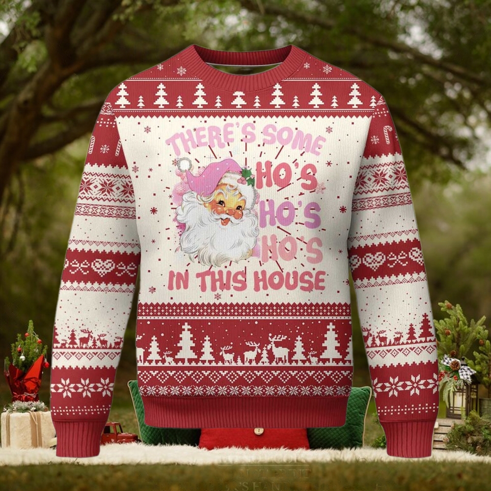 Christmas Pink Santa Ugly Christmas Sweater Theres Some Hos In This House Retro Xmas Christmas Pink Santa Ugly Christmas Sweater Theres Some Hos In This House Retro Xmas
