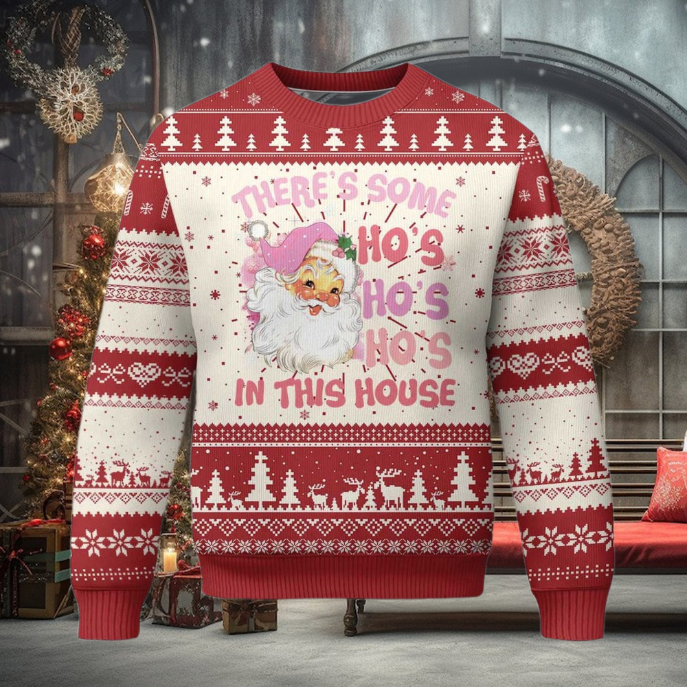 Christmas Pink Santa Ugly Christmas Sweater Theres Some Hos In This House Retro Xmas Christmas Pink Santa Ugly Christmas Sweater Theres Some Hos In This House Retro Xmas