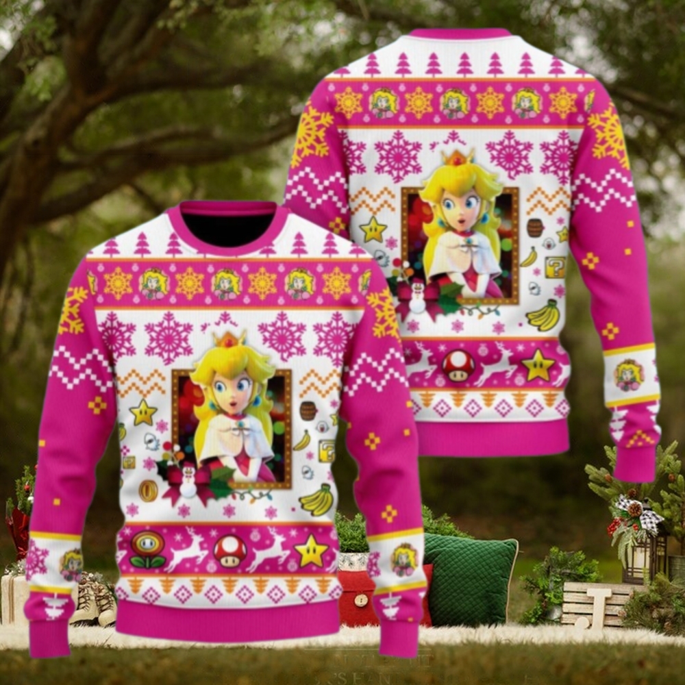Christmas Princess Peach Ugly Sweater, Mario Characters Holiday Sweater Christmas Princess Peach Ugly Sweater, Mario Characters Holiday Sweater