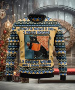 Christmas Ugly Sweater Black Cat Read Books Drink Wine Funny Sweater Gift For Men And Women