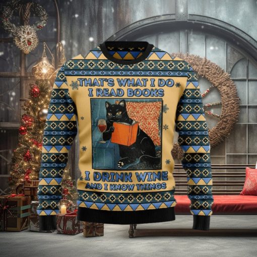 Christmas Ugly Sweater Black Cat Read Books Drink Wine Funny Sweater Gift For Men And Women