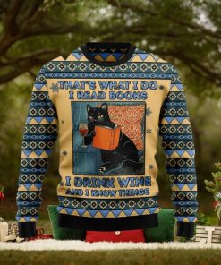 Christmas Ugly Sweater Black Cat Read Books Drink Wine Funny Sweater Gift For Men And Women