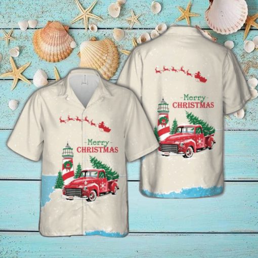 Christmas Vintage Red Truck with Lighthouse, and Pine tree Hawaiian Shirt