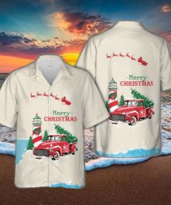 Christmas Vintage Red Truck with Lighthouse, and Pine tree Hawaiian Shirt