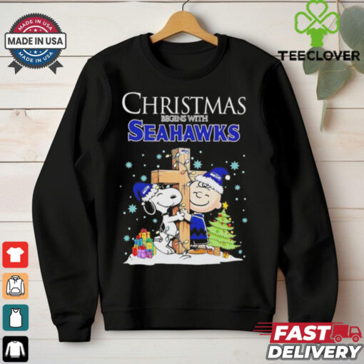 Christmas begins with Snoopy Seattle Seahawks God bless shirt