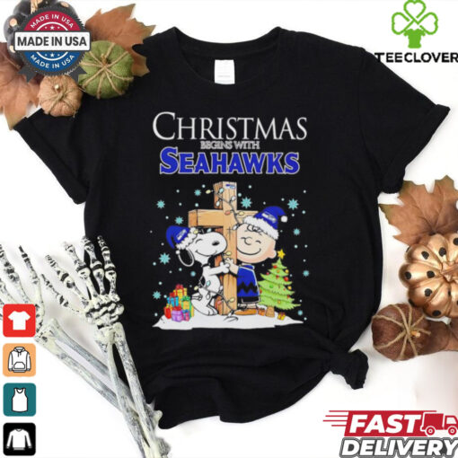 Christmas begins with Snoopy Seattle Seahawks God bless shirt