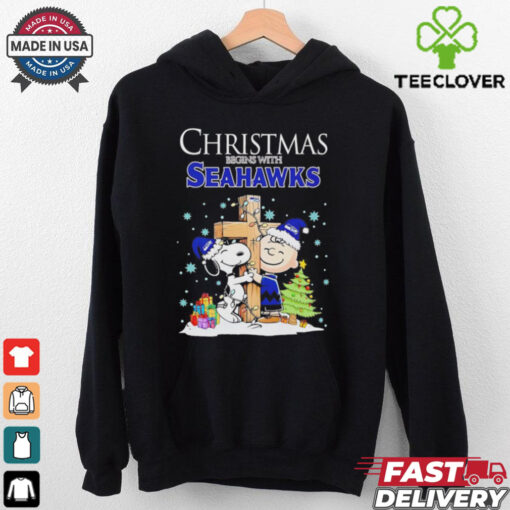 Christmas begins with Snoopy Seattle Seahawks God bless shirt