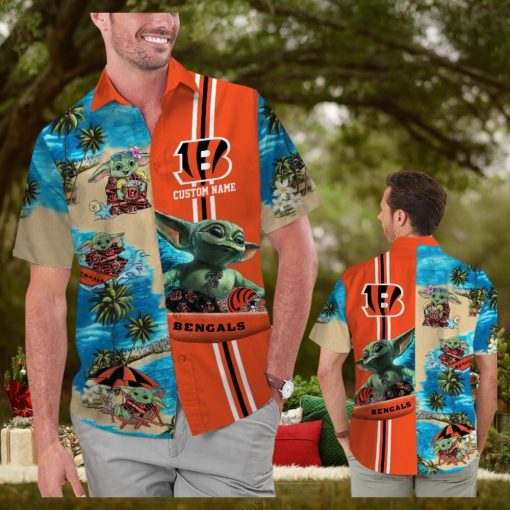 Cincinnati Bengals Baby Yoda Name Personalized Short Sleeve Button Up Tropical Hawaiian Shirt