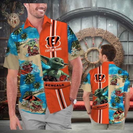 Cincinnati Bengals Baby Yoda Name Personalized Short Sleeve Button Up Tropical Hawaiian Shirt