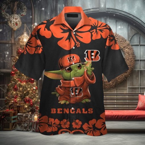 Cincinnati Bengals Baby Yoda Short Sleeve Button Up Tropical Hawaiian Shirt