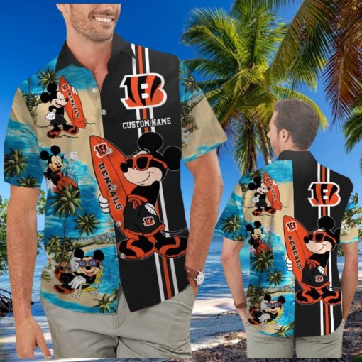 Cincinnati Bengals Mickey Name Personalized Short Sleeve Button Up Tropical Hawaiian Shirt