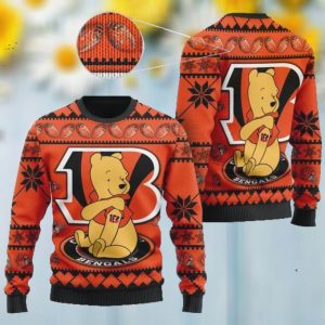 Cincinnati Bengals NFL American Football Team Logo Cute Winnie The Pooh Bear 3D Ugly Christmas Sweater Shirt For Men And Women On Xmas Days