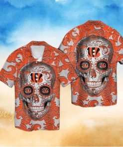 Cincinnati Bengals Sugarskull Short Sleeve Button Up Tropical Hawaiian Shirt