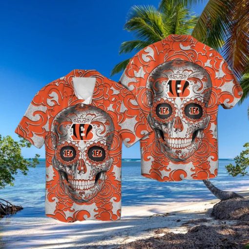 Cincinnati Bengals Sugarskull Short Sleeve Button Up Tropical Hawaiian Shirt