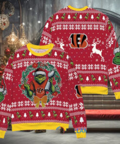 Cincinnati Bengals x Grinch NFL Dr. Seuss How the Grinch Stole Christmas with Super Bowl Trophy Ugly Christmas Sweater Red