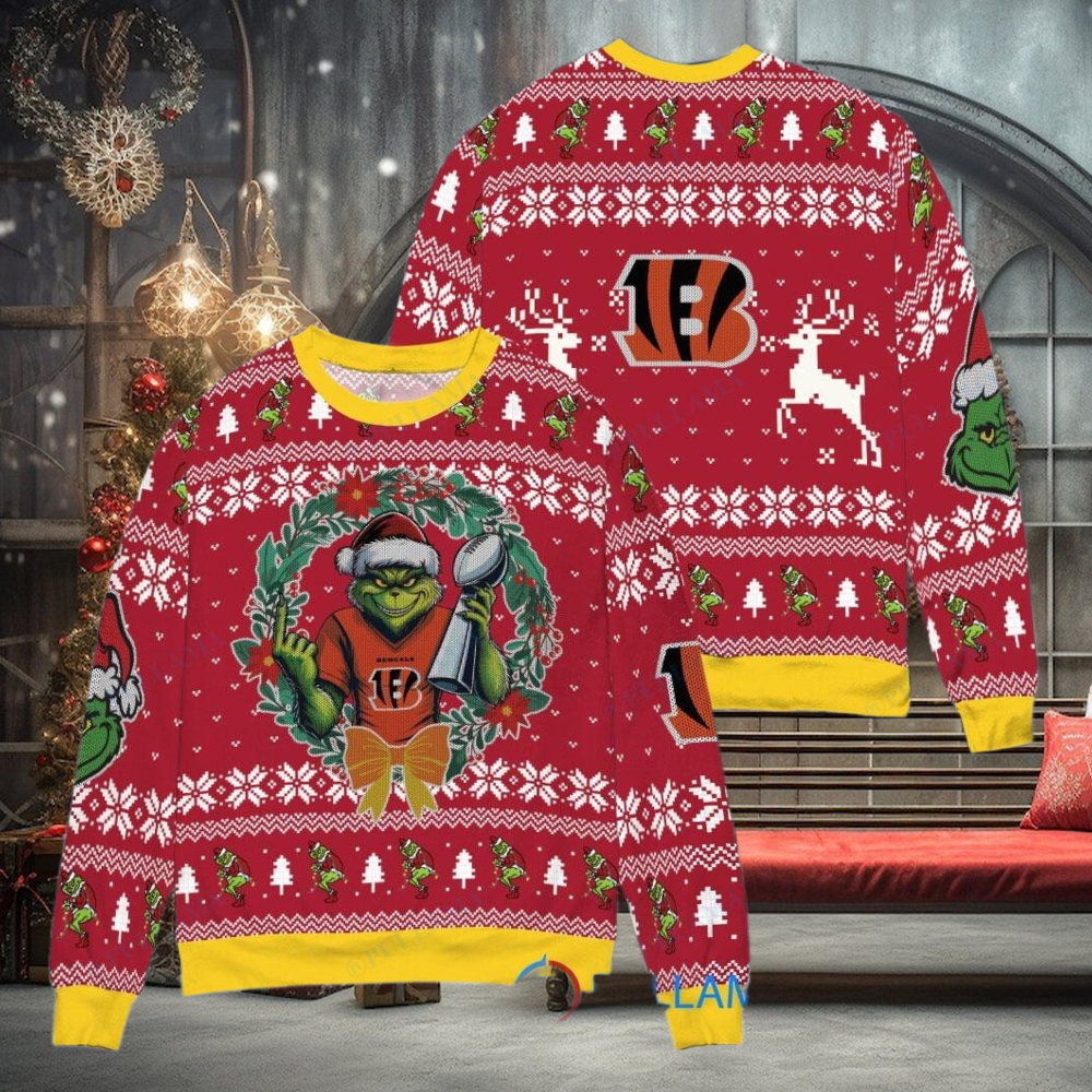 Cincinnati Bengals x Grinch NFL Dr. Seuss How the Grinch Stole Christmas with Super Bowl Trophy Ugly Christmas Sweater Red Cincinnati Bengals x Grinch NFL Dr. Seuss How the Grinch Stole Christmas with Super Bowl Trophy Ugly Christmas Sweater Red