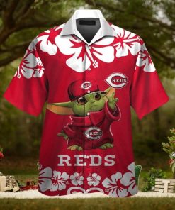 Cincinnati Reds Baby Yoda Short Sleeve Button Up Tropical Hawaiian Shirt