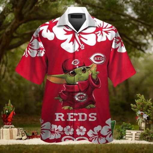 Cincinnati Reds Baby Yoda Short Sleeve Button Up Tropical Hawaiian Shirt