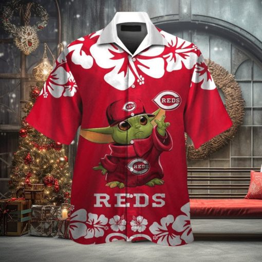 Cincinnati Reds Baby Yoda Short Sleeve Button Up Tropical Hawaiian Shirt