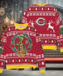 Cincinnati Reds x Grinch Dr. Seuss How the Grinch Stole Christmas MLB with World Series Trophy Ugly Christmas Sweater Red