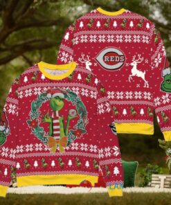 Cincinnati Reds x Grinch Dr. Seuss How the Grinch Stole Christmas MLB with World Series Trophy Ugly Christmas Sweater Red