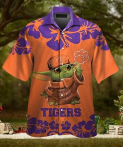 Clemson Tigers Baby Yoda Short Sleeve Button Up Tropical Hawaiian Shirt