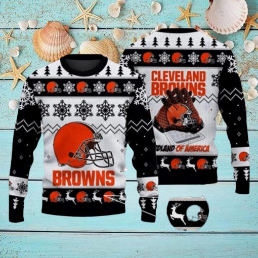 Cleveland Browns NFL Rugby Gloves Pattern Knitted Ugly Christmas Black Sweater