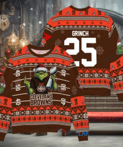 Cleveland Browns x Grinch Christmas Dr. Seuss How the Grinch Stole Christmas with Super Bowl Trophy Custom Ugly Christmas Sweater