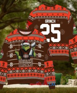 Cleveland Browns x Grinch Christmas Dr. Seuss How the Grinch Stole Christmas with Super Bowl Trophy Custom Ugly Christmas Sweater