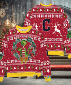 Cleveland Guardians x Grinch Dr. Seuss How the Grinch Stole Christmas MLB with World Series Trophy Ugly Christmas Sweater Red