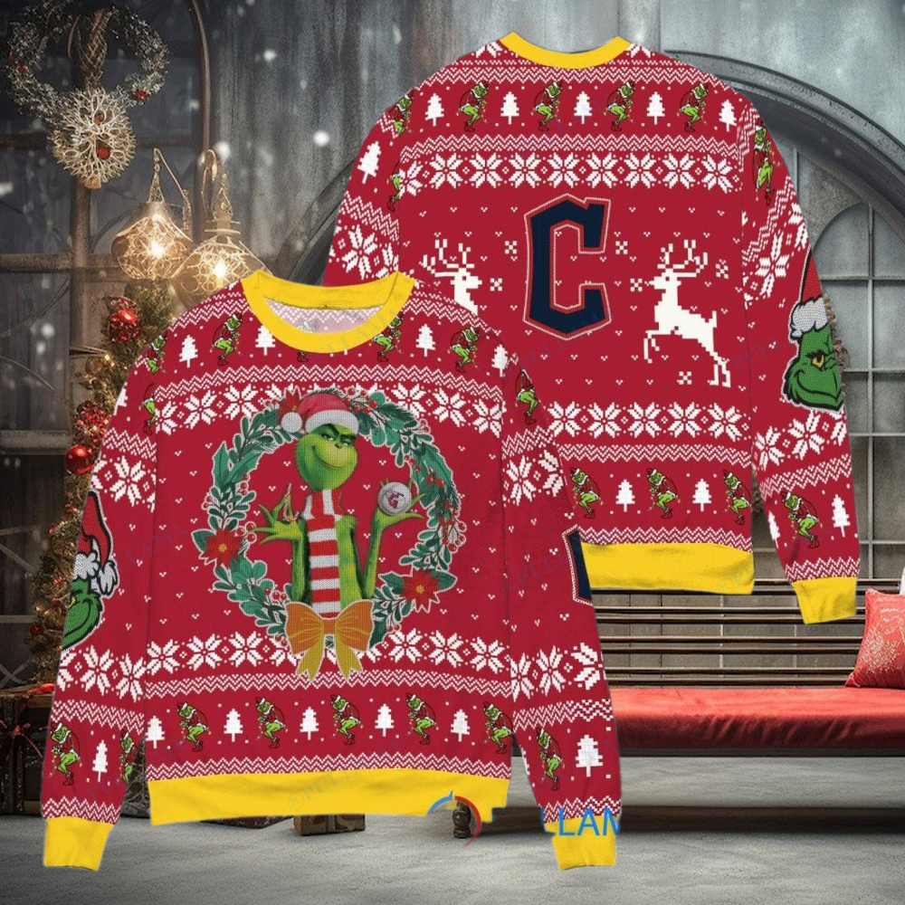 Cleveland Guardians x Grinch Dr. Seuss How the Grinch Stole Christmas MLB with World Series Trophy Ugly Christmas Sweater Red Cleveland Guardians x Grinch Dr. Seuss How the Grinch Stole Christmas MLB with World Series Trophy Ugly Christmas Sweater Red