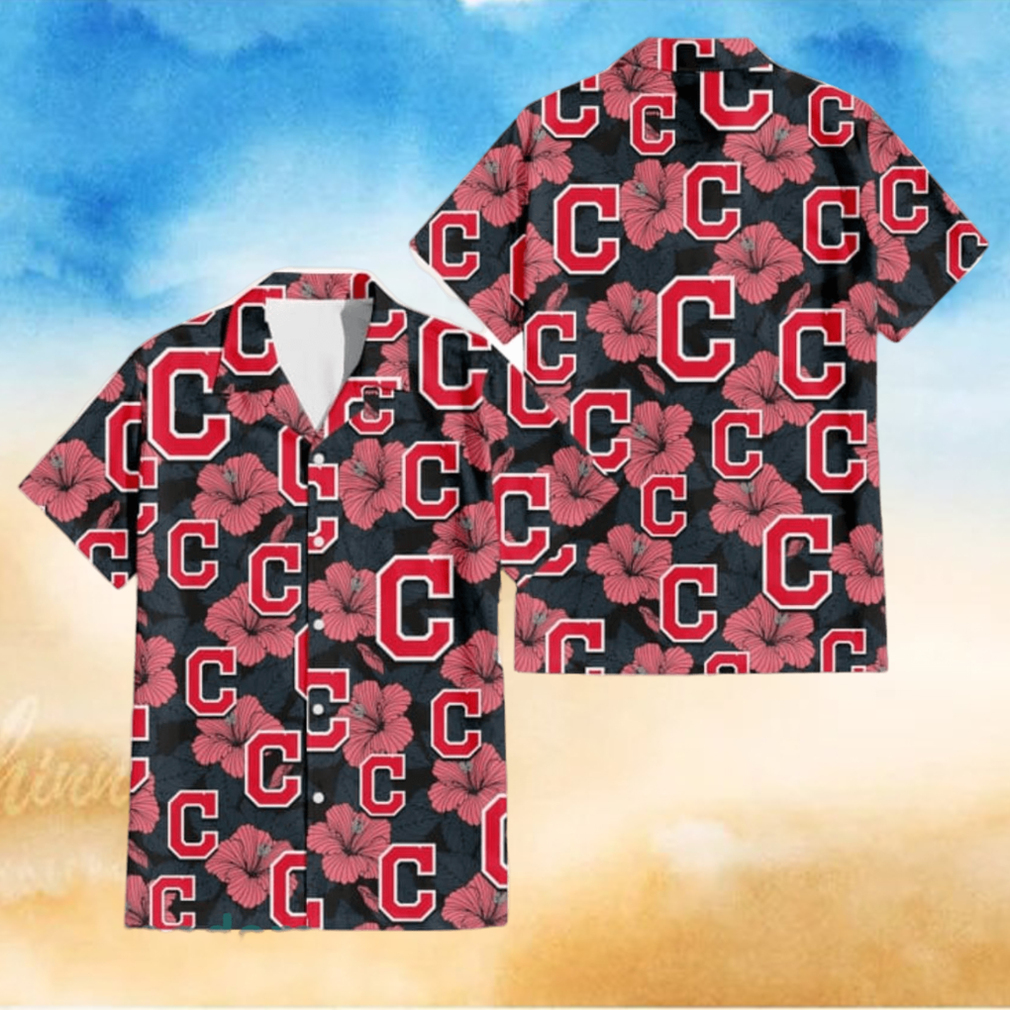 Cleveland Indians Light Coral Hibiscus Gray Leaf Black Background 3D Hawaiian Shirt Gift For Fans Cleveland Indians Light Coral Hibiscus Gray Leaf Black Background 3D Hawaiian Shirt Gift For Fans