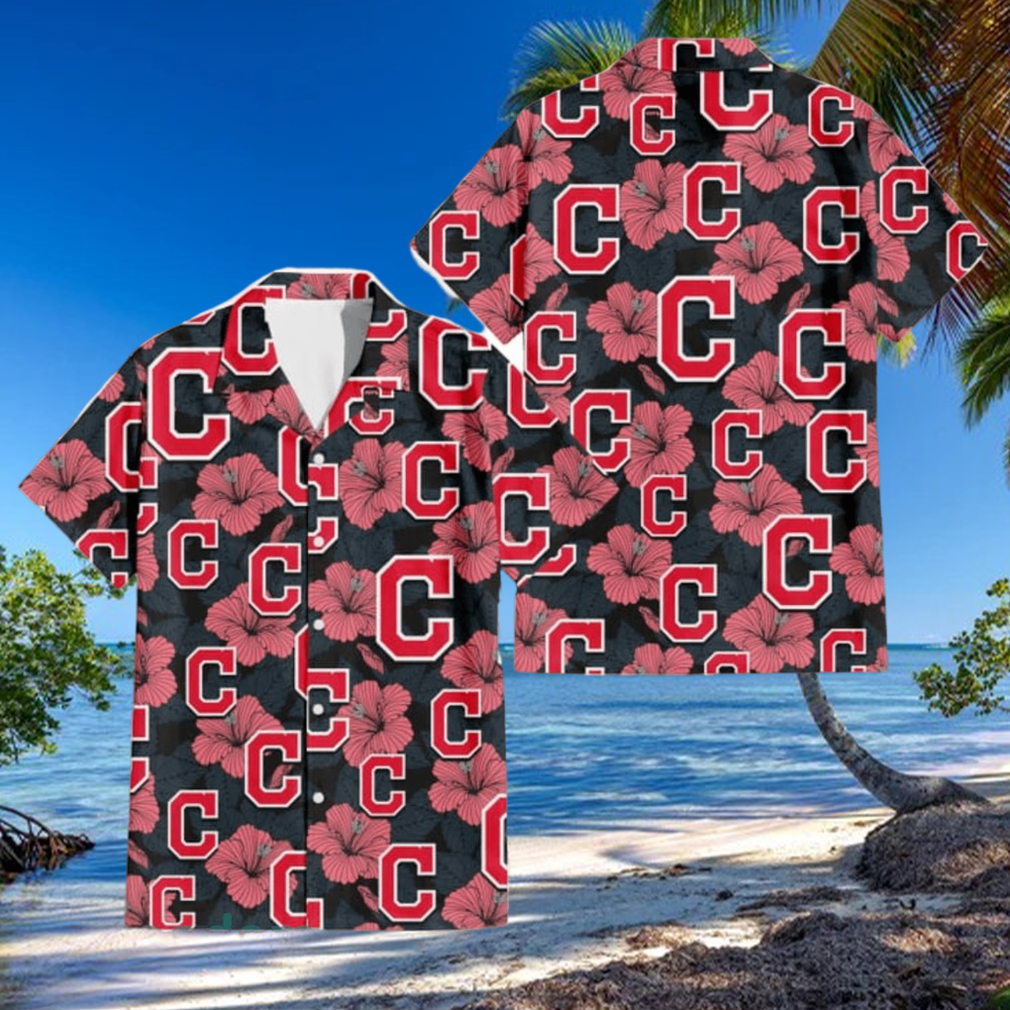 Cleveland Indians Light Coral Hibiscus Gray Leaf Black Background 3D Hawaiian Shirt Gift For Fans Cleveland Indians Light Coral Hibiscus Gray Leaf Black Background 3D Hawaiian Shirt Gift For Fans