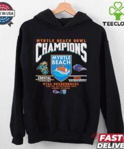 Coastal Carolina vs UTSA Roadrunners 2024 Myrtle Beach Bowl Champions Shirt, featuring a graphic celebrating the matchup and victory in the 2024 Myrtle Beach Bowl. Perfect for fans supporting either Coastal Carolina or UTSA after this exciting championship win.
