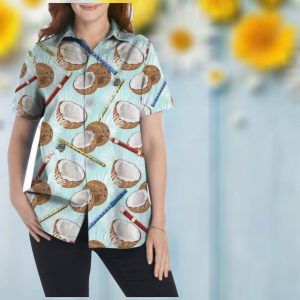 Coconut Pattern Flute Custom Name Women Hawaiian Aloha Beach Button Up Shirt For Fluters On Summer Vacationz