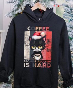 Coffee Because Adulting Is Hard Cute Santa Cat Christmas Shirt