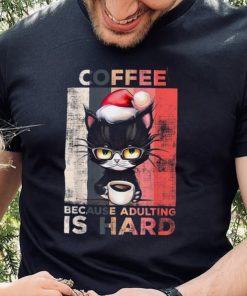 Coffee Because Adulting Is Hard Cute Santa Cat Christmas Shirt