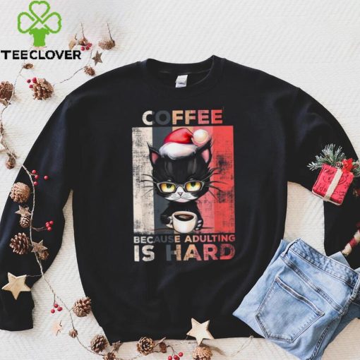 Coffee Because Adulting Is Hard Cute Santa Cat Christmas Shirt