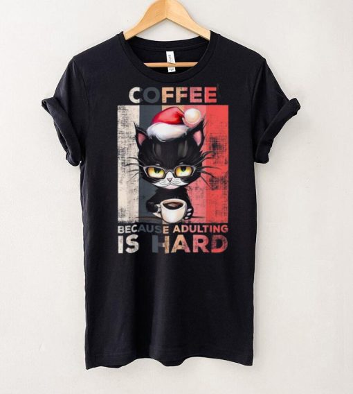 Coffee Because Adulting Is Hard Cute Santa Cat Christmas Shirt