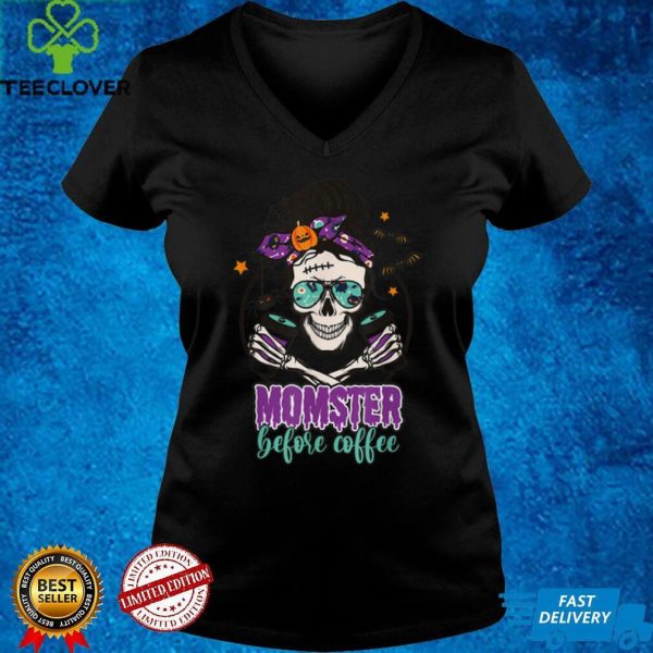 Coffee Momster Halloween Costume Skull Mom Messy Hair Bun T Shirt