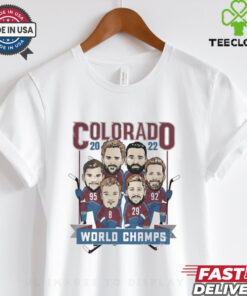 Colorado Avalanche Hockey Team World Champs Caricatures Shirt, featuring fun and artistic caricatures of the team’s star players celebrating their World Championship victory. This shirt captures the excitement of the Colorado Avalanche's success, making it a perfect way for fans to show their pride in a playful, unique design.