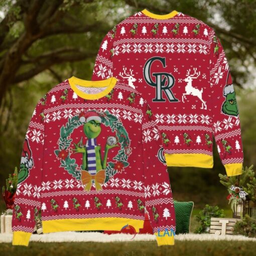 Colorado Rockies x Grinch Dr. Seuss How the Grinch Stole Christmas MLB with World Series Trophy Ugly Christmas Sweater Red