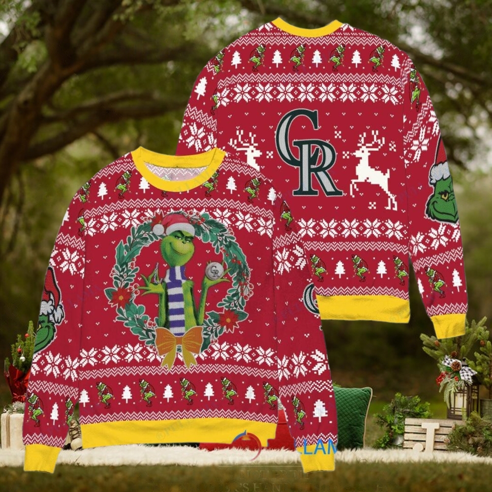 Colorado Rockies x Grinch Dr. Seuss How the Grinch Stole Christmas MLB with World Series Trophy Ugly Christmas Sweater Red Colorado Rockies x Grinch Dr. Seuss How the Grinch Stole Christmas MLB with World Series Trophy Ugly Christmas Sweater Red