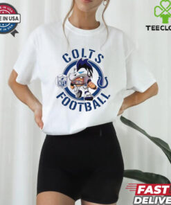 Colts Football NFL Rush Zone Cartoon Character Shirt featuring a fun, animated design of the Indianapolis Colts’ mascot and characters from the NFL Rush Zone, perfect for fans who enjoy a playful, energetic take on their team pride.
