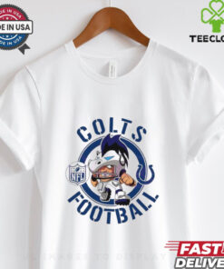 Colts Football NFL Rush Zone Cartoon Character Shirt featuring a fun, animated design of the Indianapolis Colts’ mascot and characters from the NFL Rush Zone, perfect for fans who enjoy a playful, energetic take on their team pride.